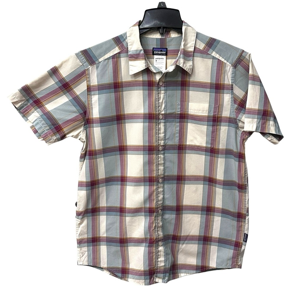 Patagonia Shirt Mens Medium Blue Plaid A/C Crinkle Organic Cotton Hiking Outdoor